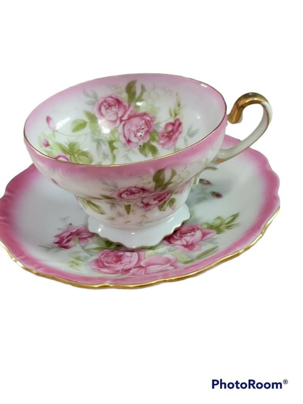 Norcrest Japan Fine China Pink French Roses Tea Cup Saucer Gold Pink Sq Footed